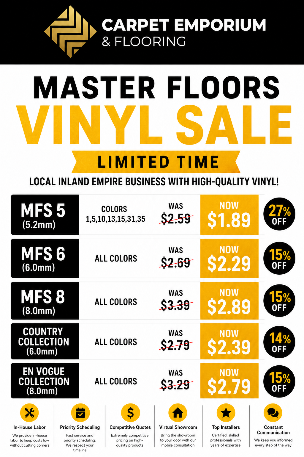 Master Floors Vinyl Sale Flyer - Carpet Emporium & Flooring Inland Empire